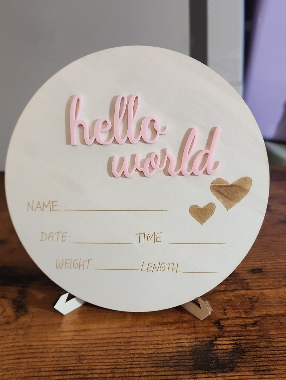 Hello World Baby Milestone Round Display Shelf - Pink on Natural Wood